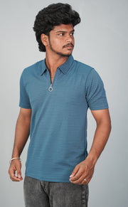 Half Sleeve Collar Neck Korean Zipper Tshirt for Men- Sky Blue