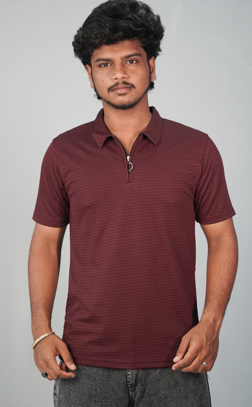 Half Sleeve Collar Neck Korean Zipper Tshirt for Men-  Maroon