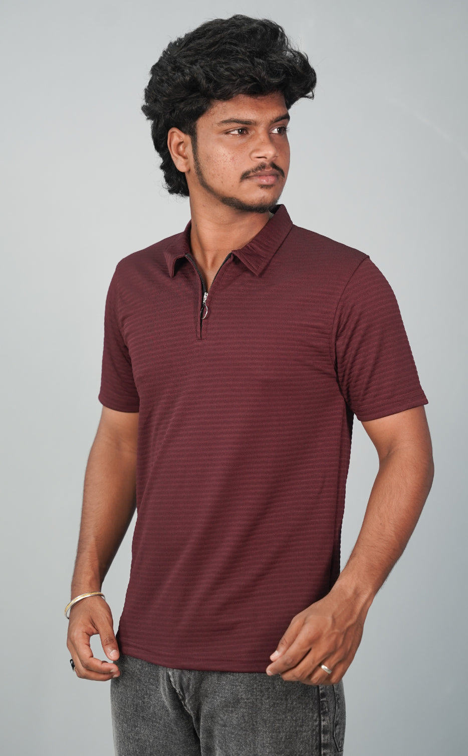 Half Sleeve Collar Neck Korean Zipper Tshirt for Men-  Maroon