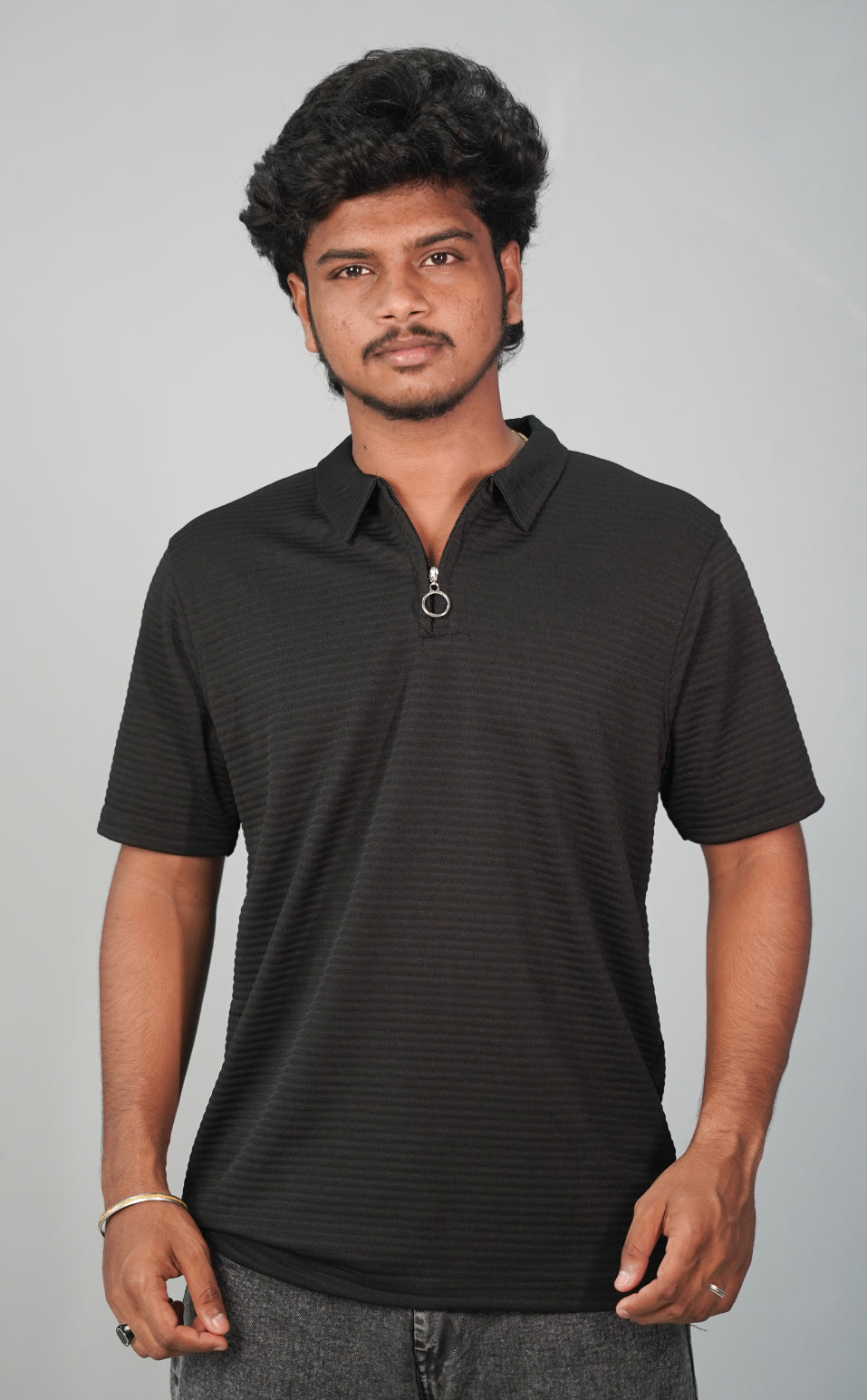 Half Sleeve Collar Neck Korean Zipper Tshirt for Men-  Black