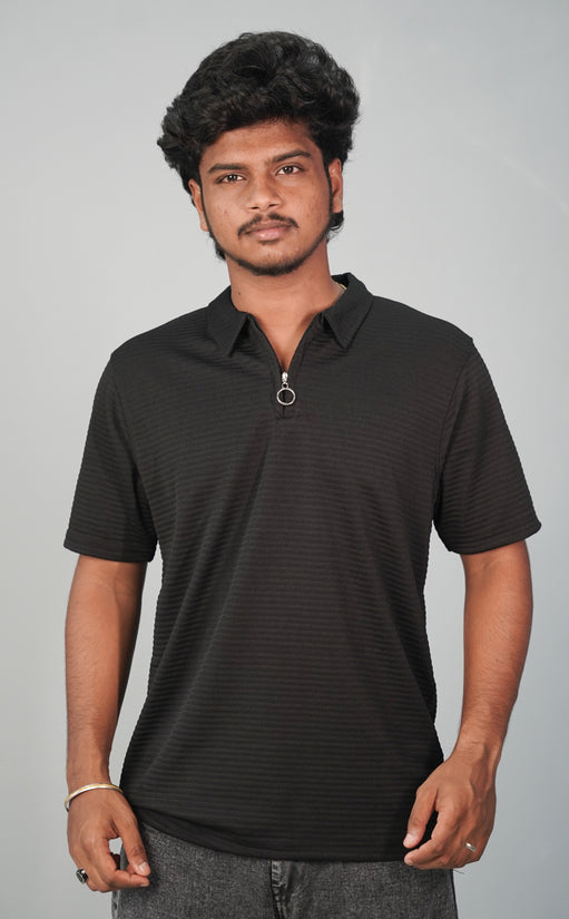 Half Sleeve Collar Neck Korean Zipper Tshirt for Men-  Black