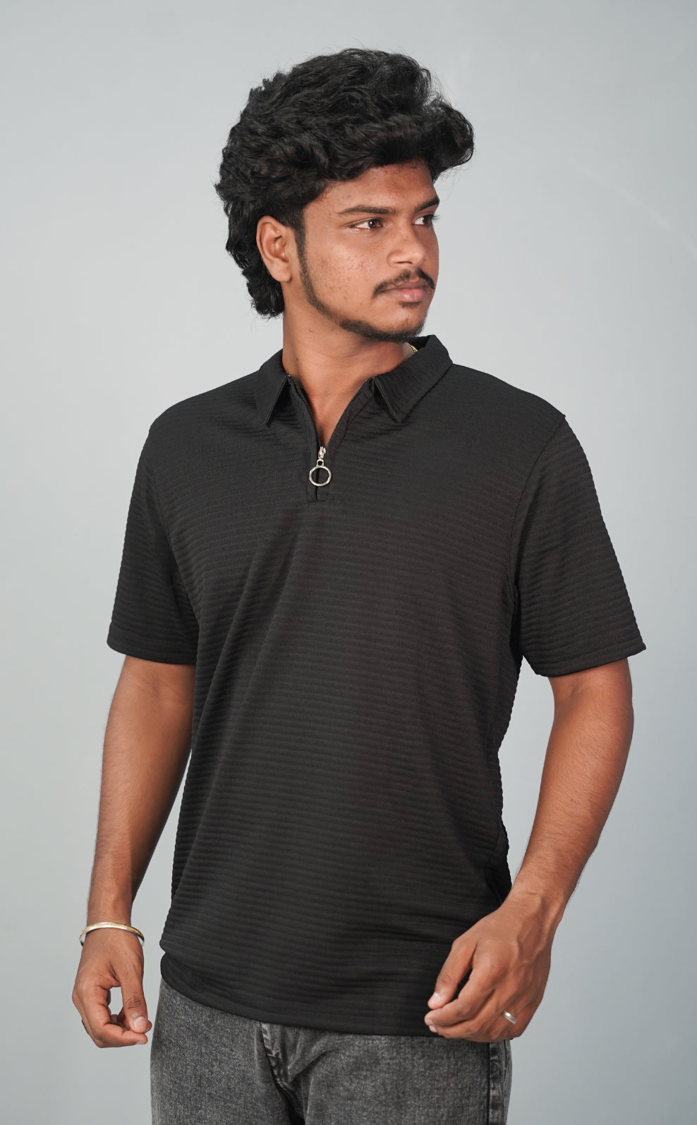 Half Sleeve Collar Neck Korean Zipper Tshirt for Men-  Black
