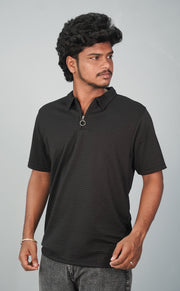 Half Sleeve Collar Neck Korean Zipper Tshirt for Men- Black-T-Shirt-7 Man