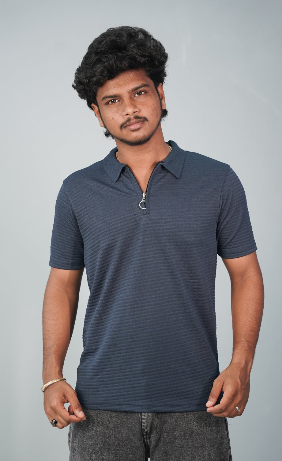 Half Sleeve Collar Neck Korean Zipper Tshirt for Men-   Navy Blue