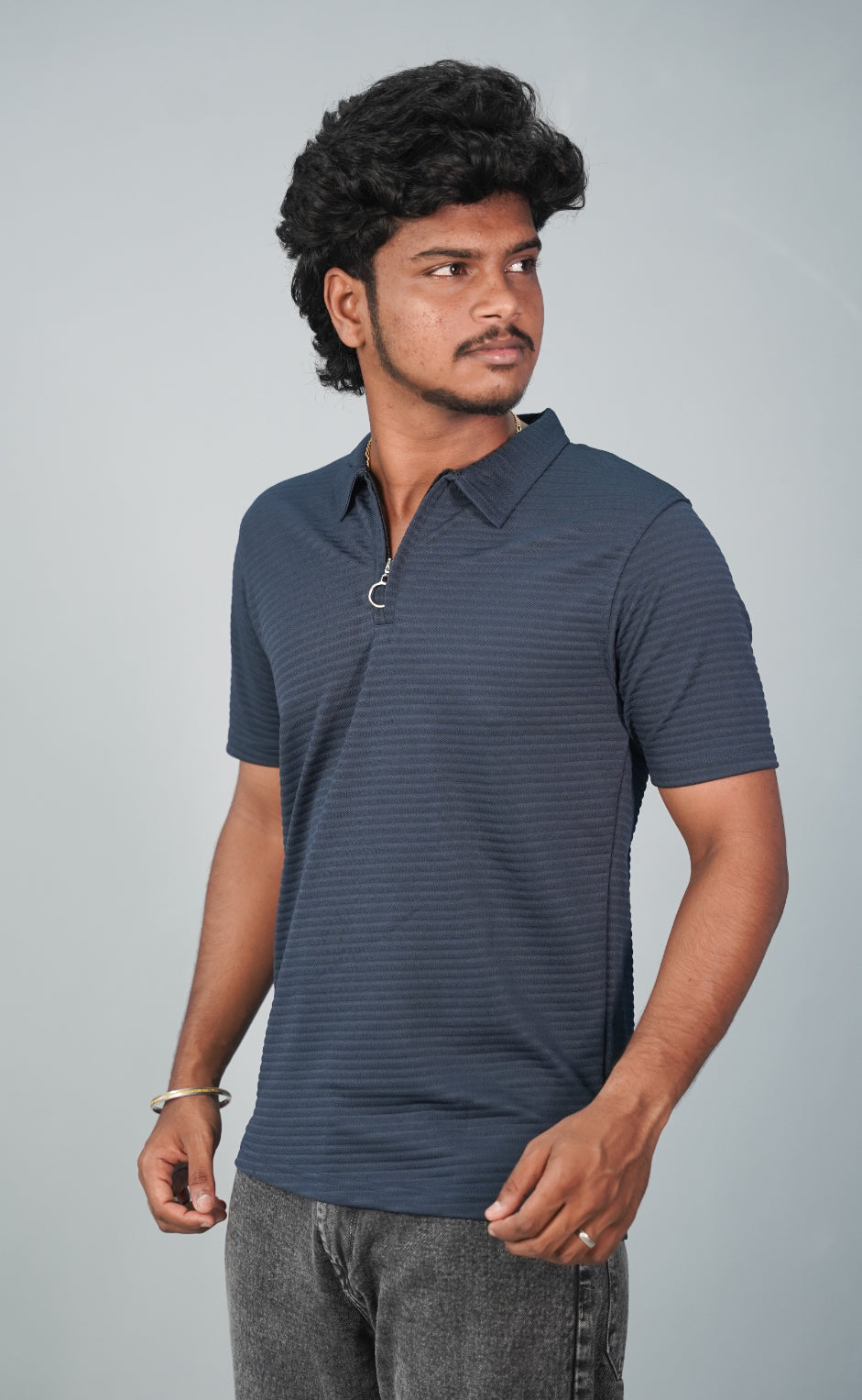 Half Sleeve Collar Neck Korean Zipper Tshirt for Men-   Navy Blue