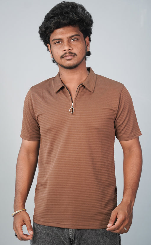 Half Sleeve Collar Neck Korean Zipper Tshirt for Men- Brown