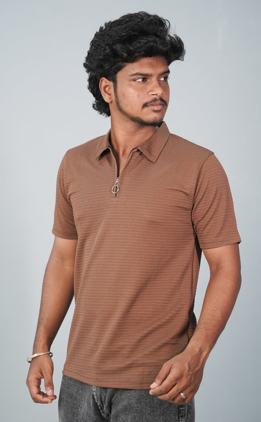 Half Sleeve Collar Neck Korean Zipper Tshirt for Men- Brown