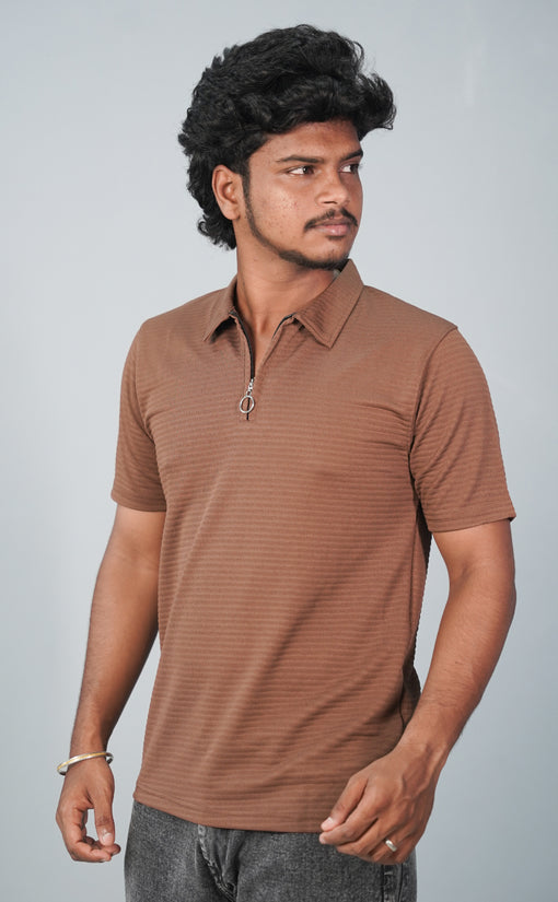 Half Sleeve Collar Neck Korean Zipper Tshirt for Men- Brown
