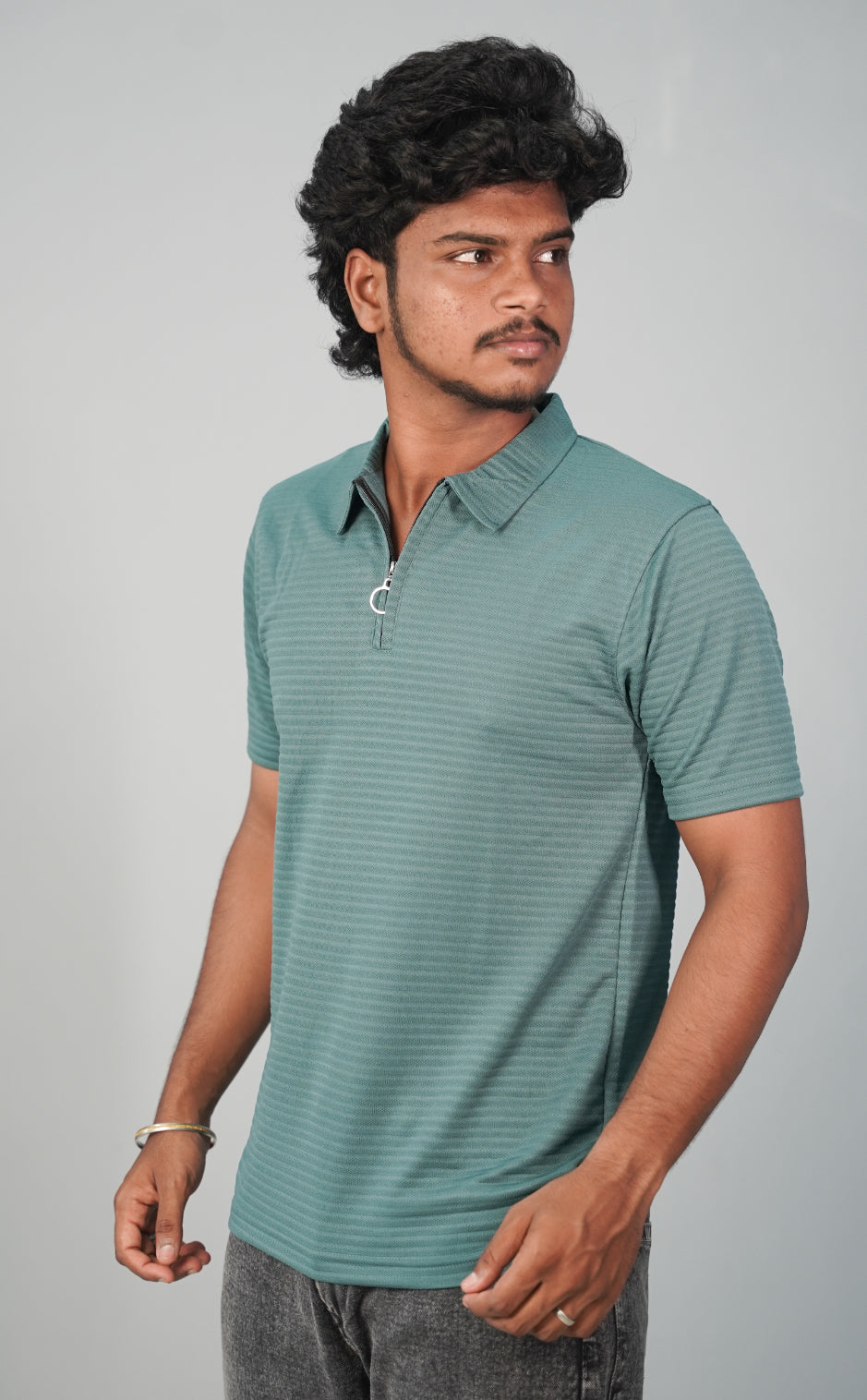 Half Sleeve Collar Neck Korean Zipper Tshirt for Men- Ramar Green