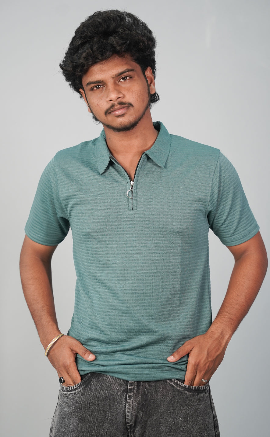Half Sleeve Collar Neck Korean Zipper Tshirt for Men- Ramar Green