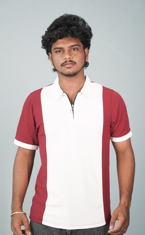 Korean Cuttens Half Sleeve Collar Neck ZIpper Tshirt for Men-Red