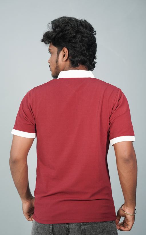Korean Cuttens Half Sleeve Collar Neck ZIpper Tshirt for Men-Red