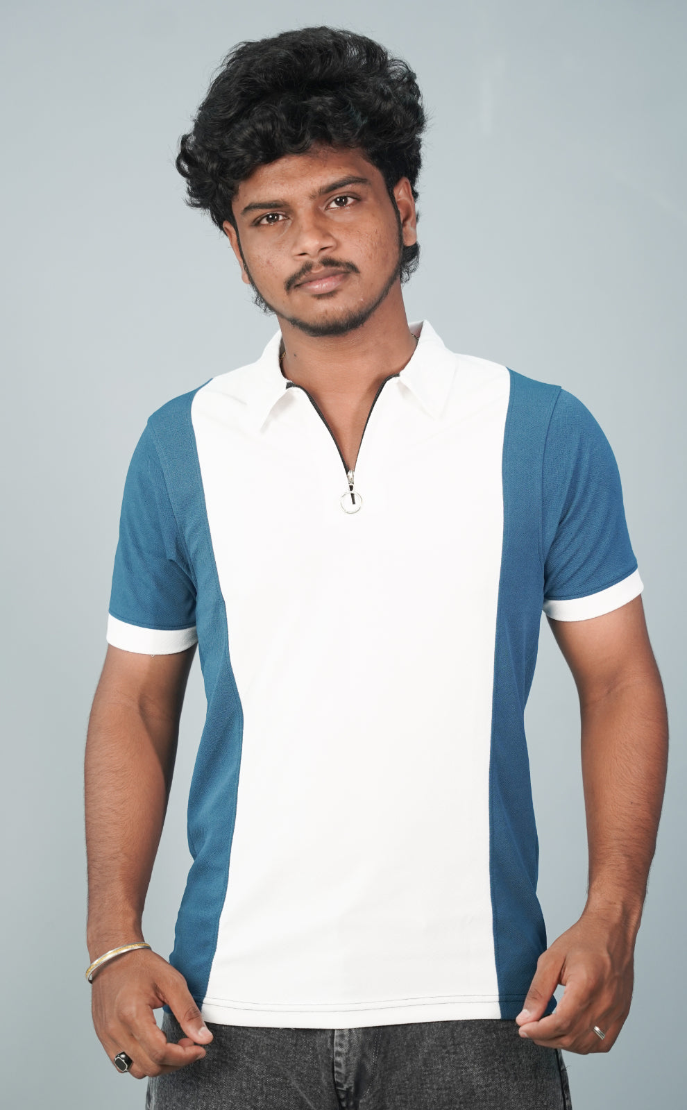 Korean Cuttens Half Sleeve Collar Neck ZIpper Tshirt for Men- Blue