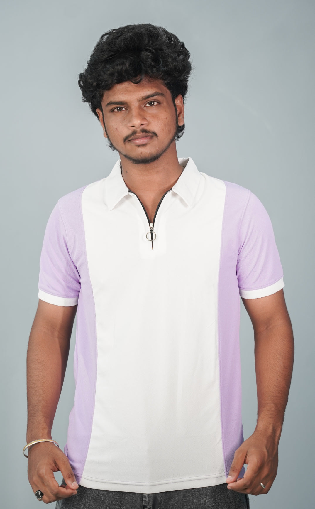 Korean Cuttens Half Sleeve Collar Neck ZIpper Tshirt for Men- Purple