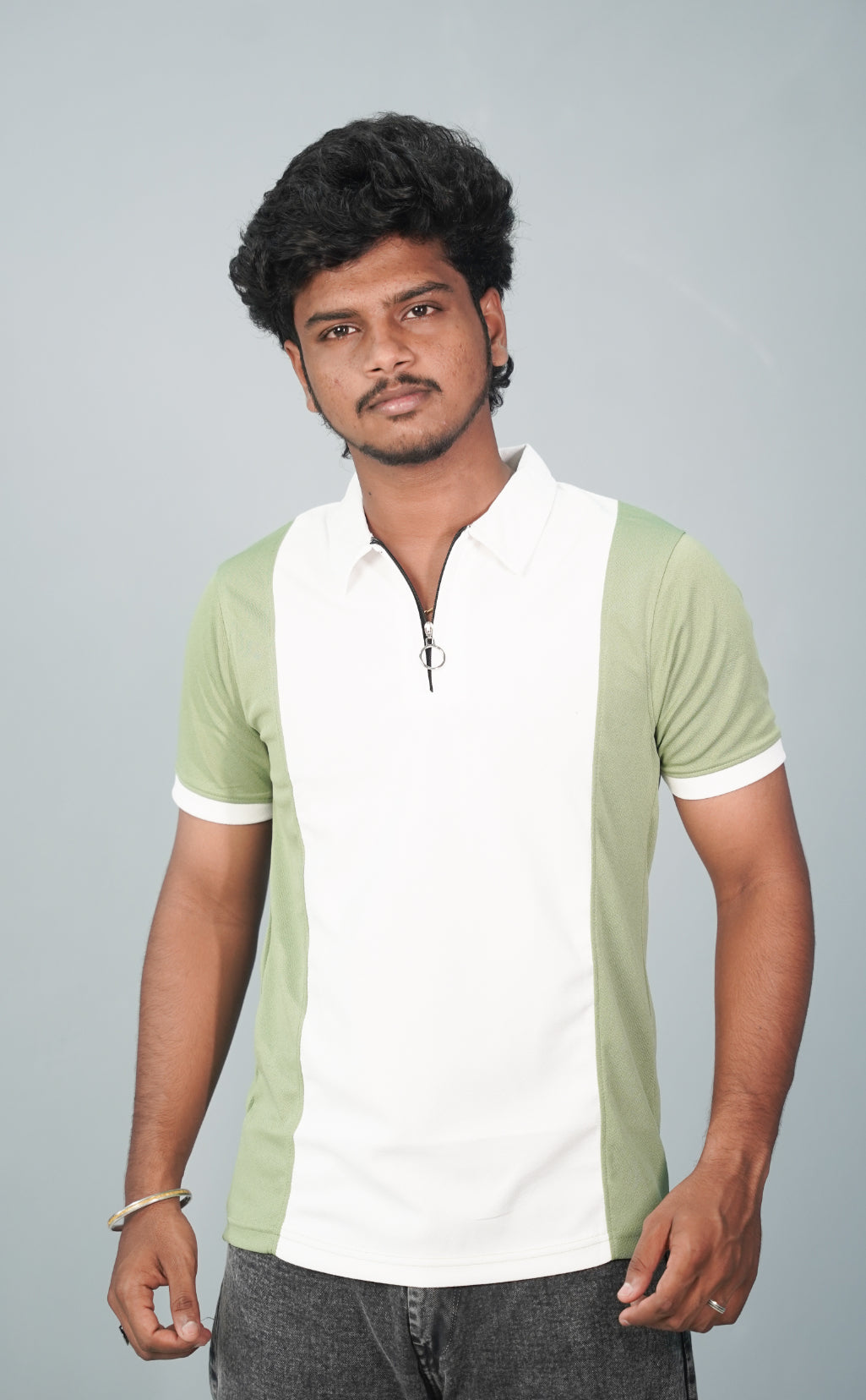 Korean Cuttens Half Sleeve Collar Neck ZIpper Tshirt for Men-Green