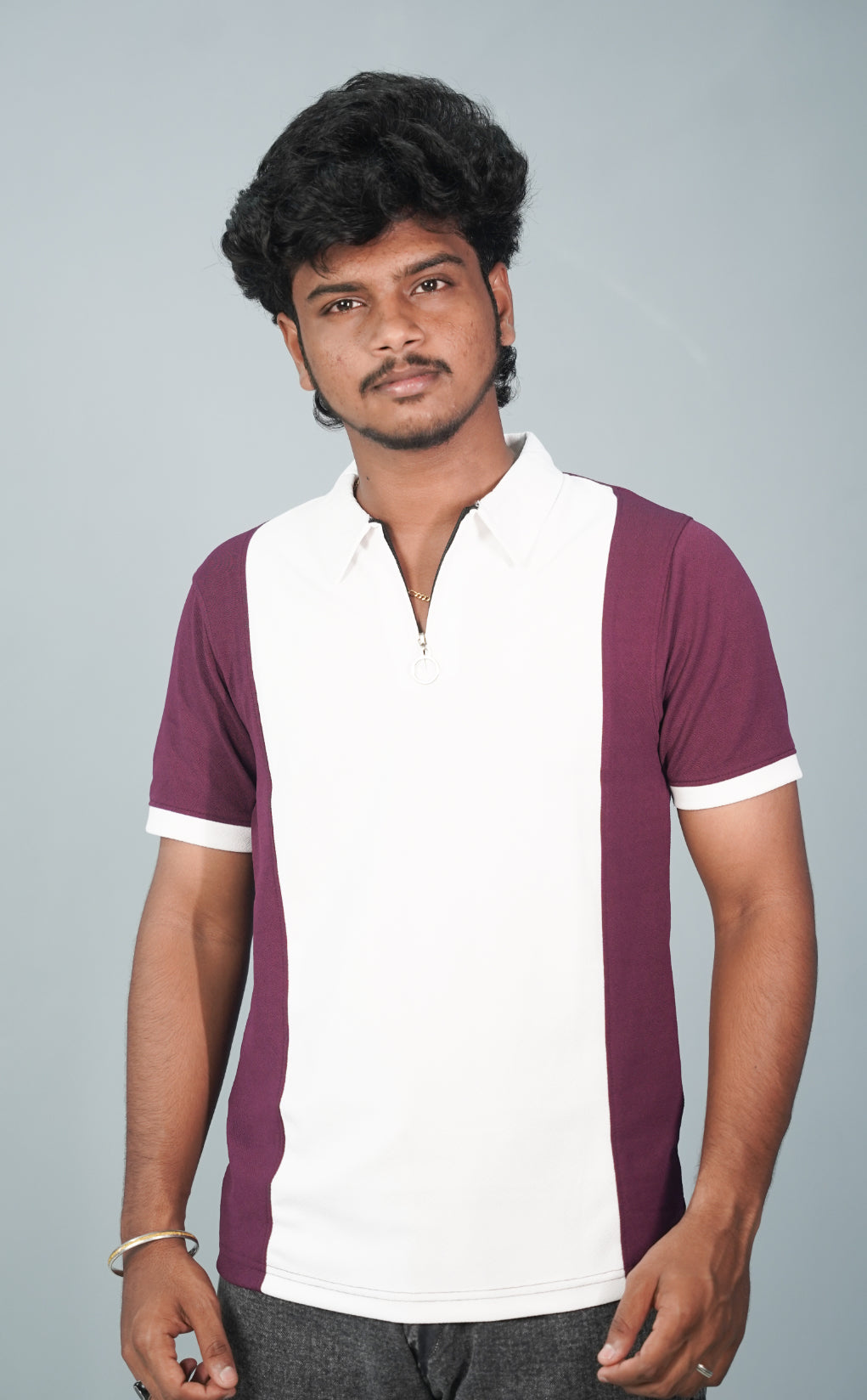Korean Cuttens Half Sleeve Collar Neck ZIpper Tshirt for Men-Maroon
