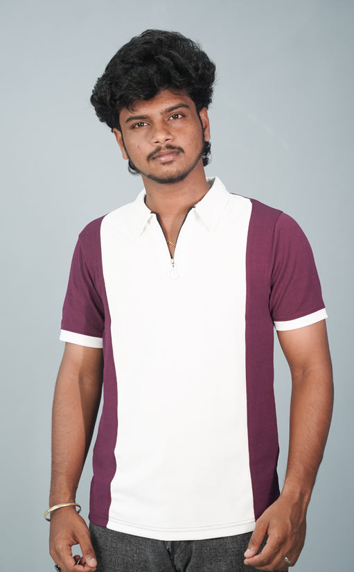 Korean Cuttens Half Sleeve Collar Neck ZIpper Tshirt for Men-Maroon