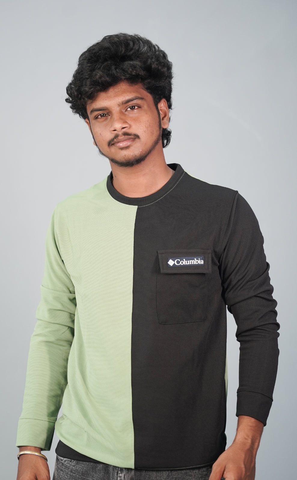 Full Sleeve Round Neck Double Color Tshirt for Men-Green and Black