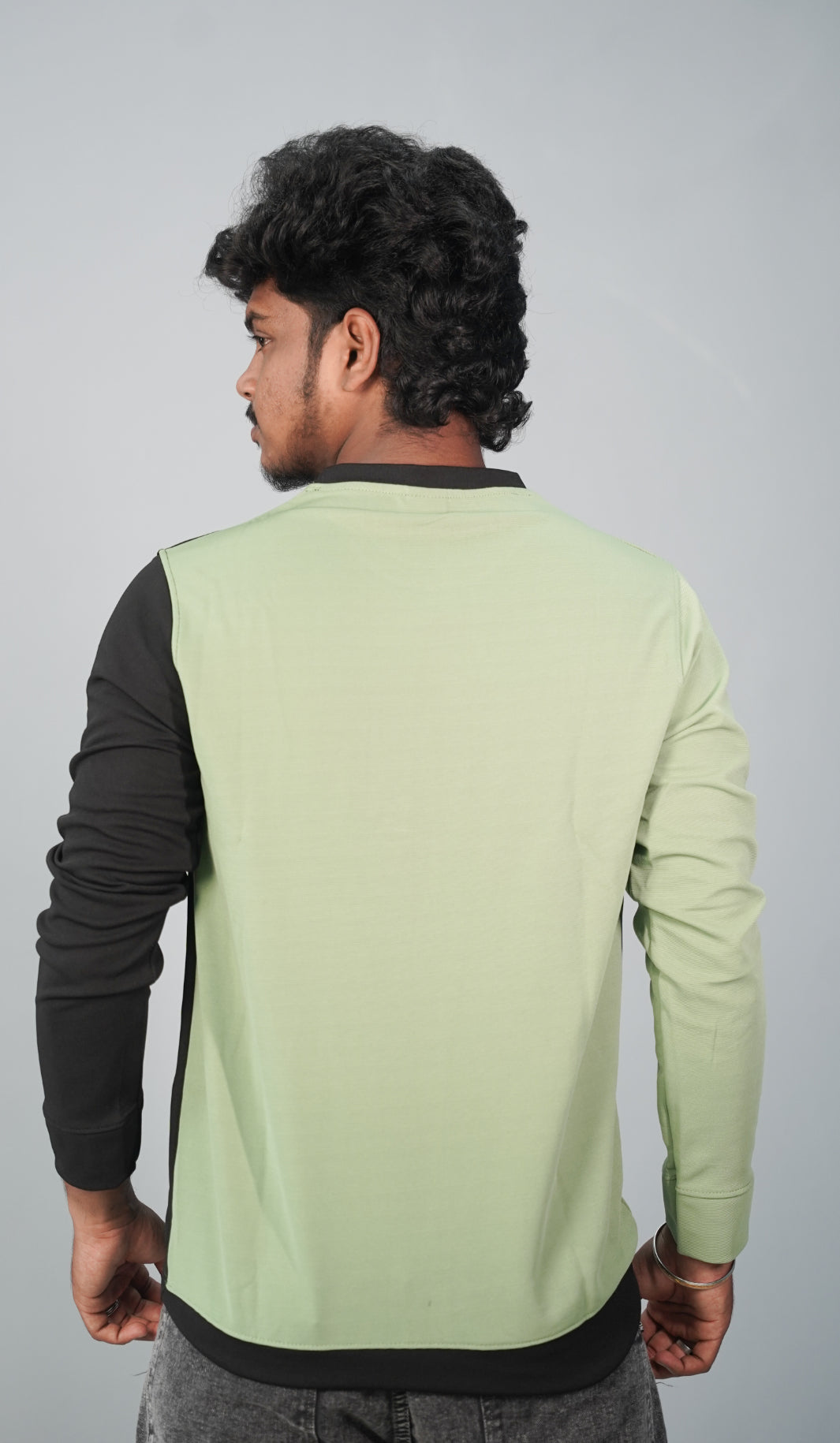 Full Sleeve Round Neck Double Color Tshirt for Men-Green and Black