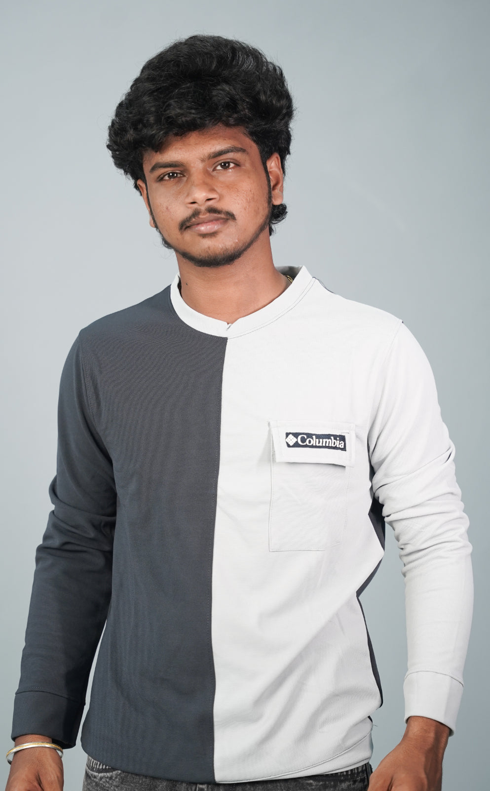 Full Sleeve Round Neck Double Color Tshirt for Men- Black and Ash