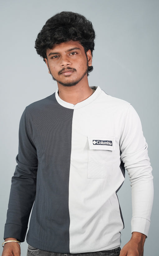 Full Sleeve Round Neck Double Color Tshirt for Men- Black and Ash