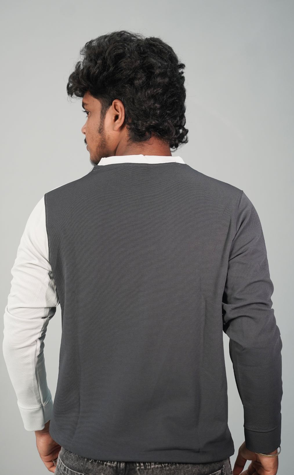 Full Sleeve Round Neck Double Color Tshirt for Men- Black and Ash