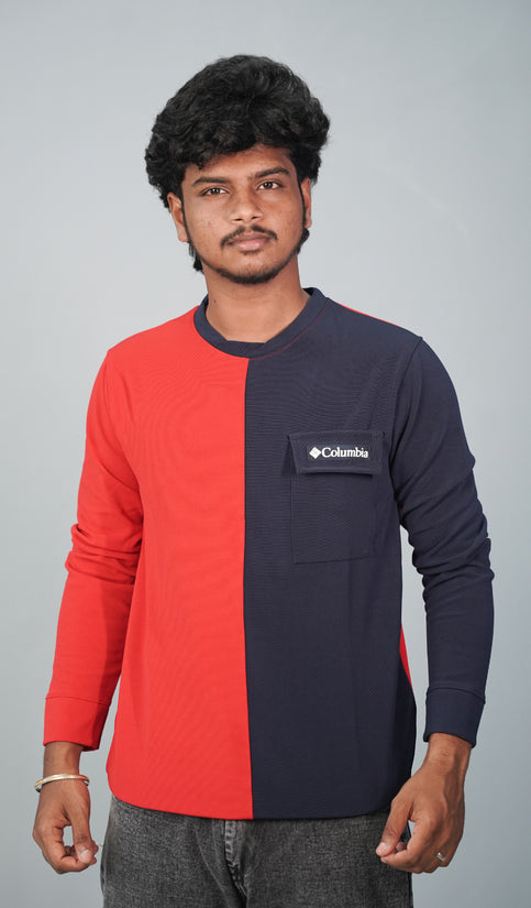 Full Sleeve Round Neck Double Color Tshirt for Men- Red and Blue