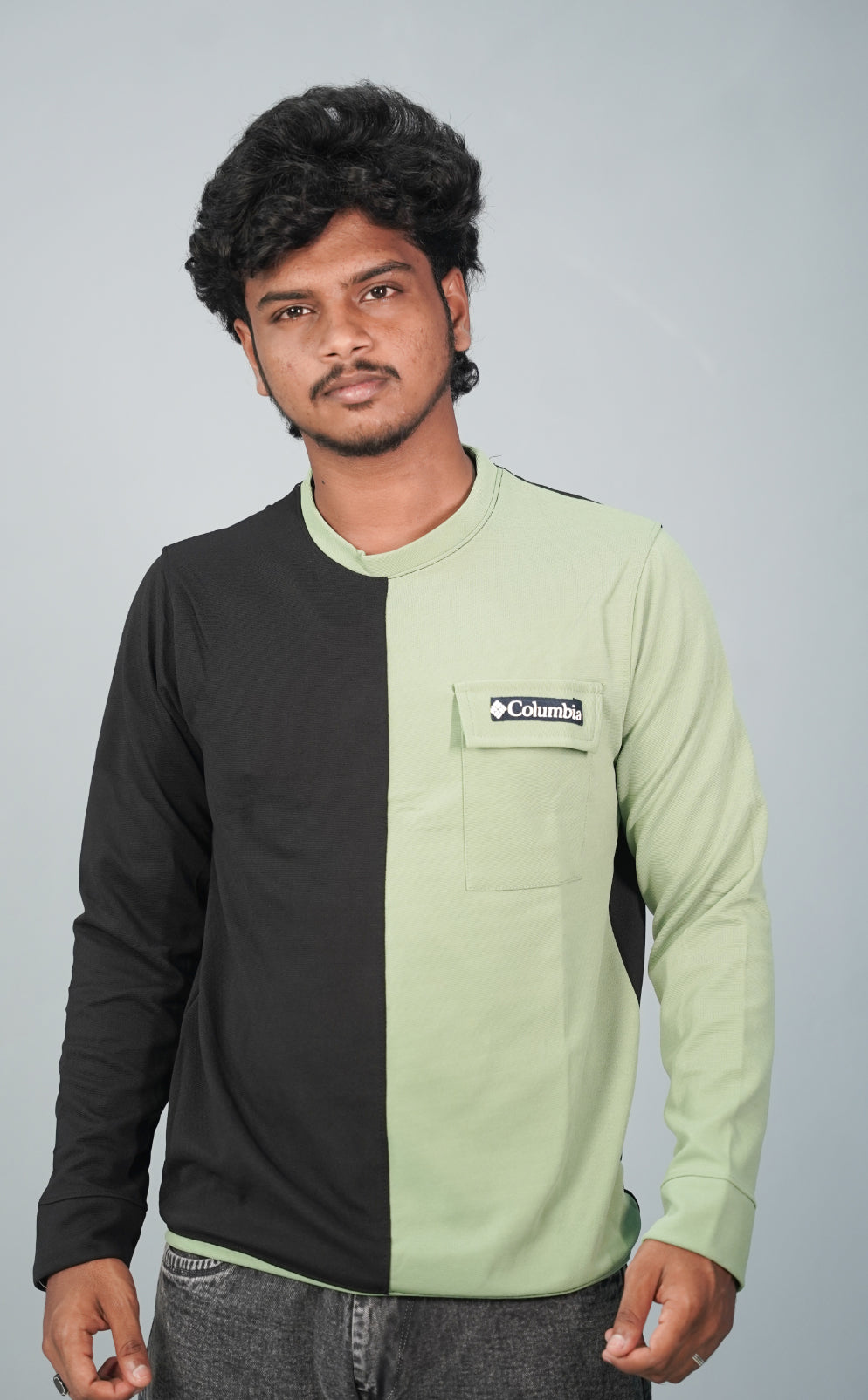 Full Sleeve Round Neck Double Color Tshirt for Men- Black and Green