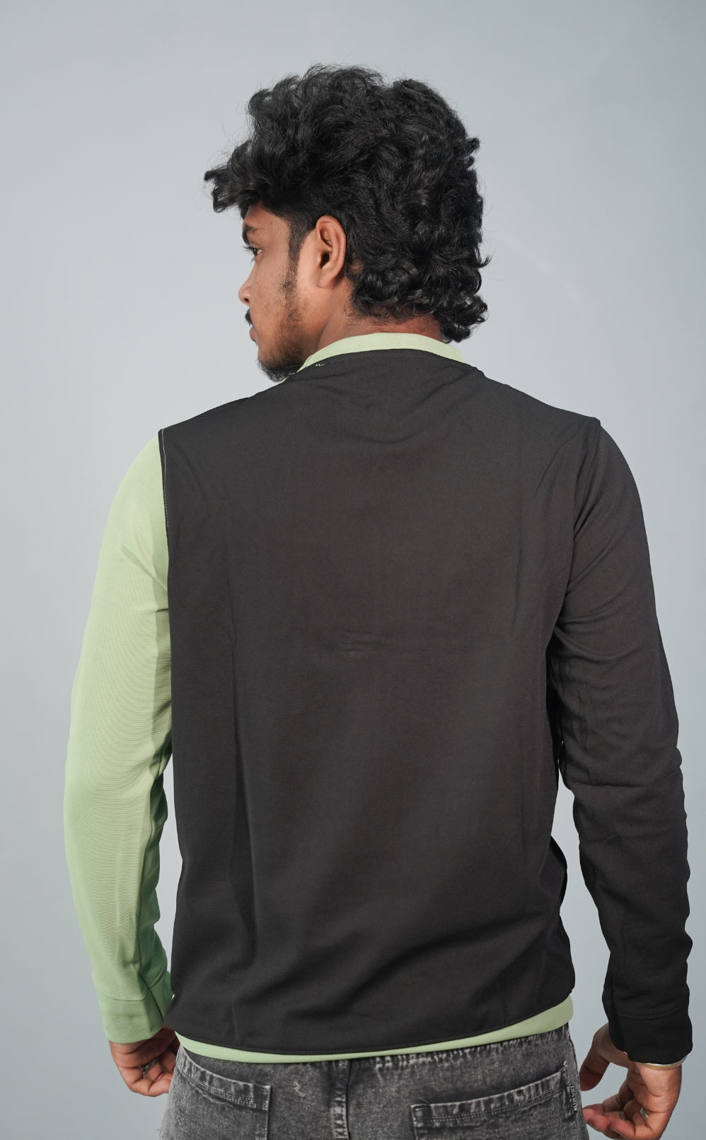 Full Sleeve Round Neck Double Color Tshirt for Men- Black and Green