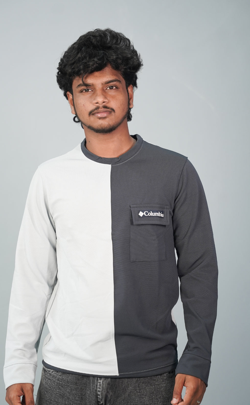 Full Sleeve Round Neck Double Color Tshirt for Men-  Ash and Black