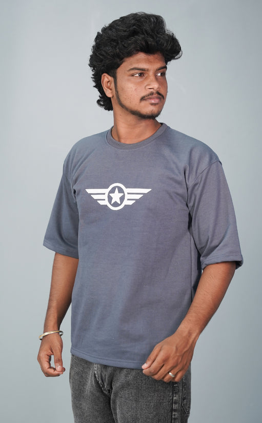 Five Sleeve Round Neck STAR Printed Tshirt for Men - Denim Blue-T-Shirt-7 Man