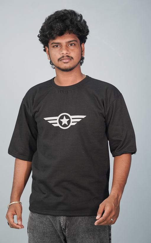 Five Sleeve Round Neck STAR Printed Tshirt for Men- Black-T-Shirt-7 Man
