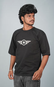 Five Sleeve Round Neck STAR Printed Tshirt for Men- Black-T-Shirt-7 Man