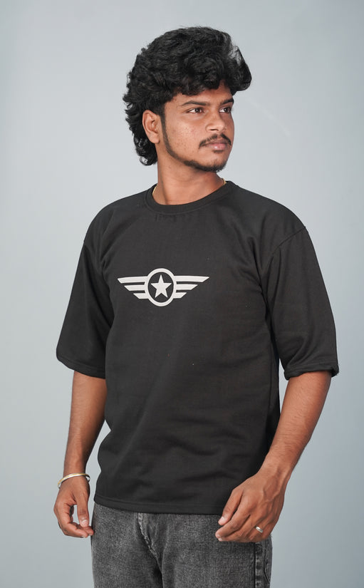 Five Sleeve Round Neck STAR Printed Tshirt for Men- Black-T-Shirt-7 Man