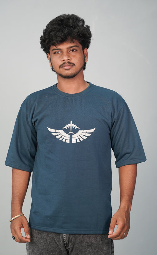 Five Sleeve Round Neck AERO Printed Tshirt for Men- Petrol Blue-T-Shirt-7 Man