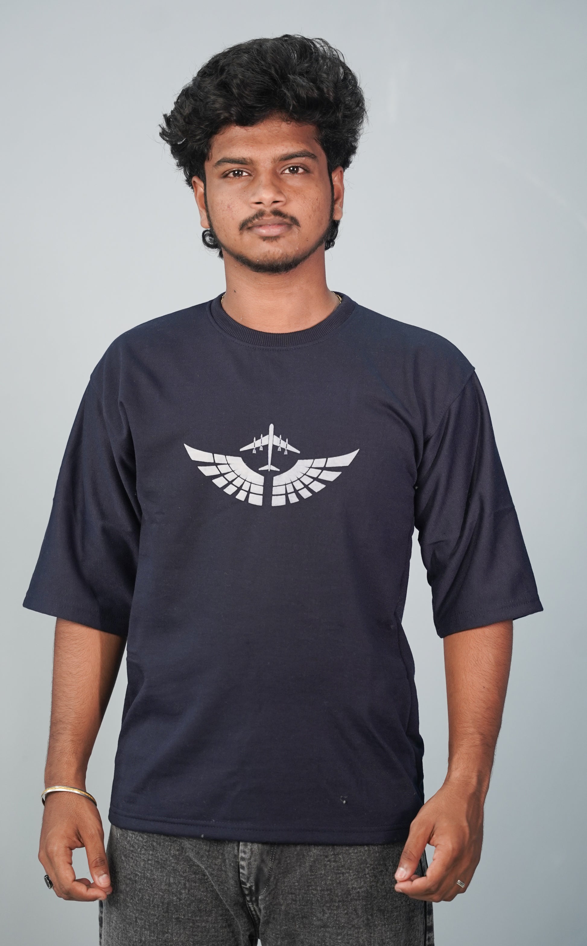 Five Sleeve Round Neck AERO Printed Tshirt for Men- Navy Blue-T-Shirt-7 Man