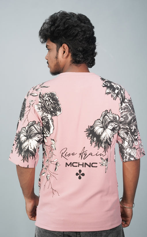 Five Sleeve Round Neck FLOWER Printed Mens Tshirt - Pink
