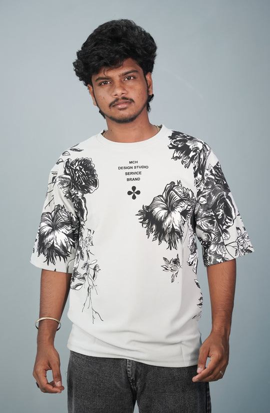Five Sleeve Round Neck FLOWER Printed Mens Tshirt -  Ash