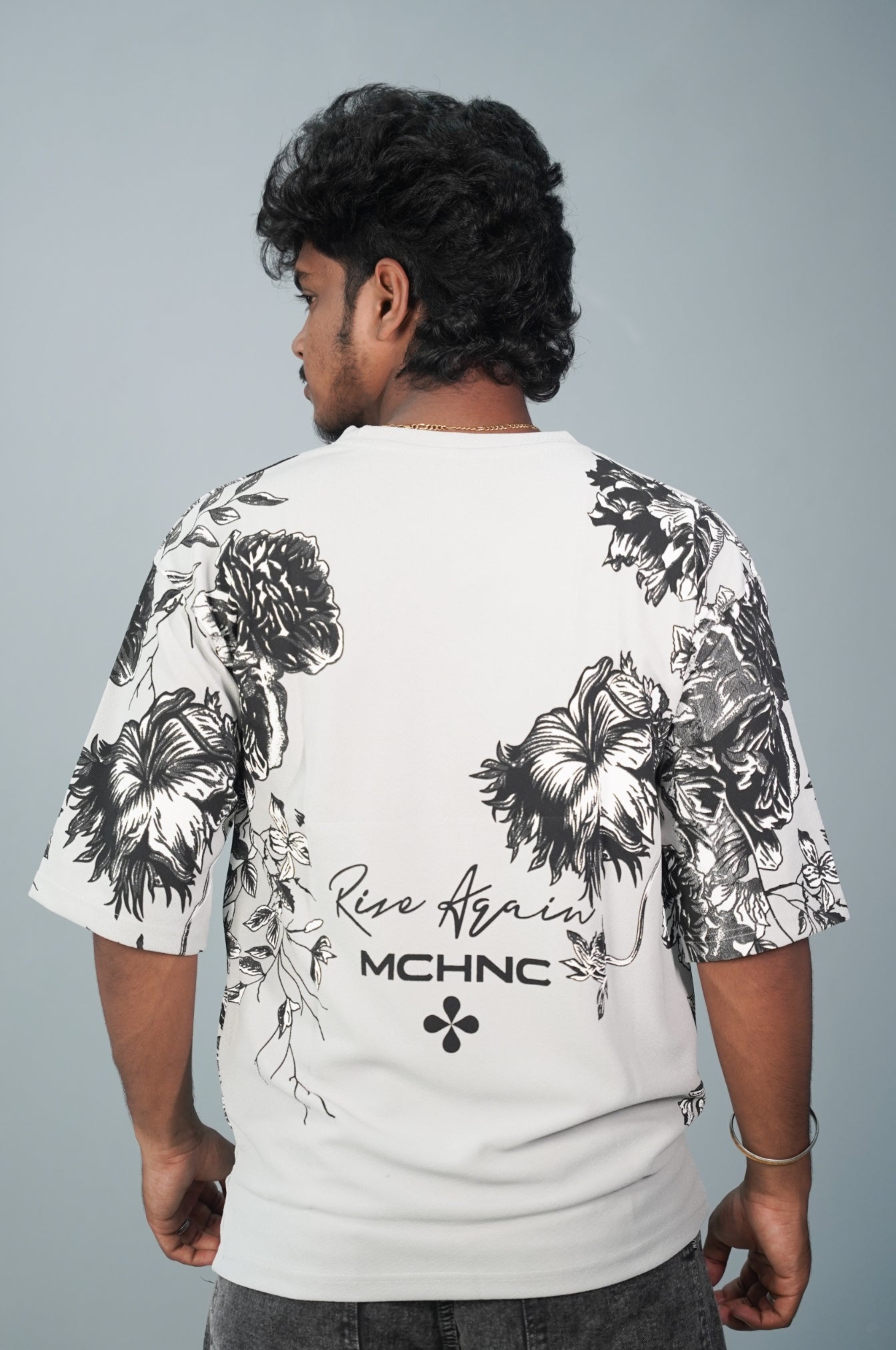 Five Sleeve Round Neck FLOWER Printed Mens Tshirt -  Ash