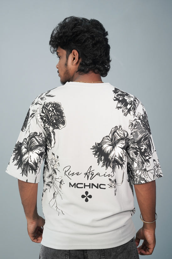 Five Sleeve Round Neck FLOWER Printed Mens Tshirt -  Ash