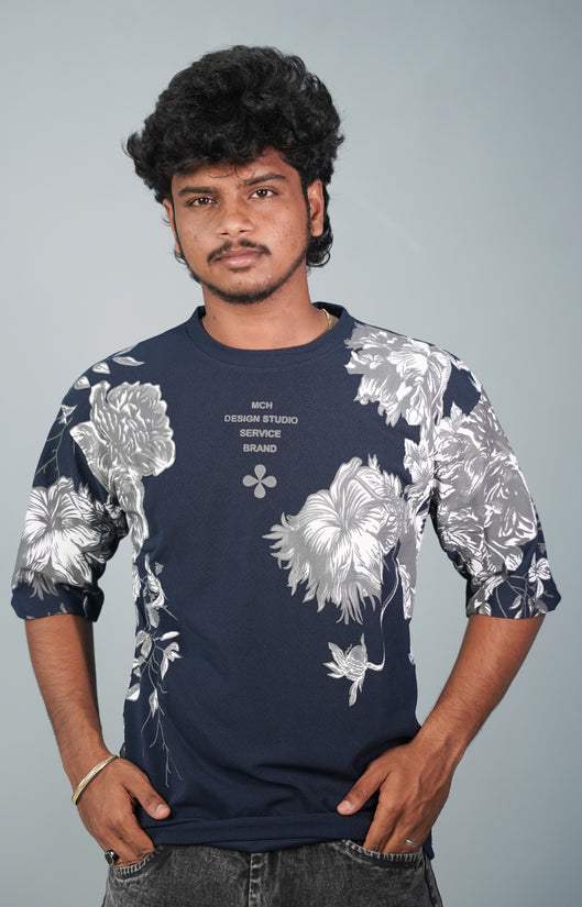 Five Sleeve Round Neck FLOWER Printed Mens Tshirt -   Navy Blue