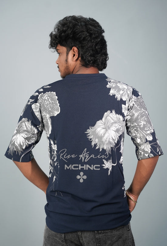 Five Sleeve Round Neck FLOWER Printed Mens Tshirt -   Navy Blue
