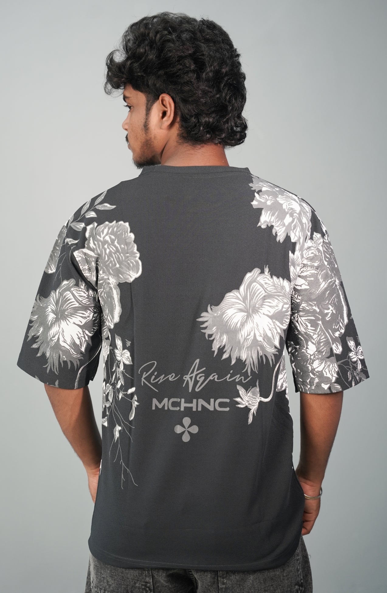 Five Sleeve Round Neck FLOWER Printed Mens Tshirt -   Dark Blue