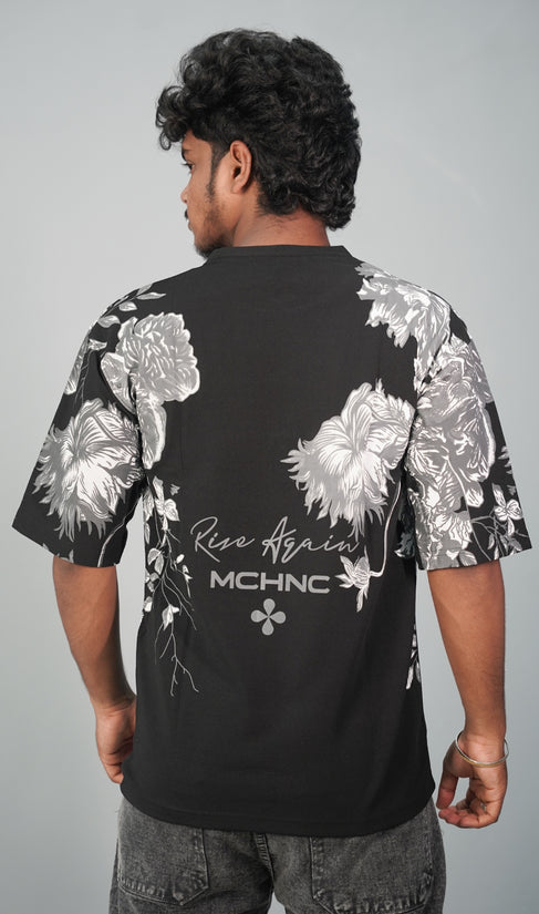 Five Sleeve Round Neck FLOWER Printed Mens Tshirt - Black