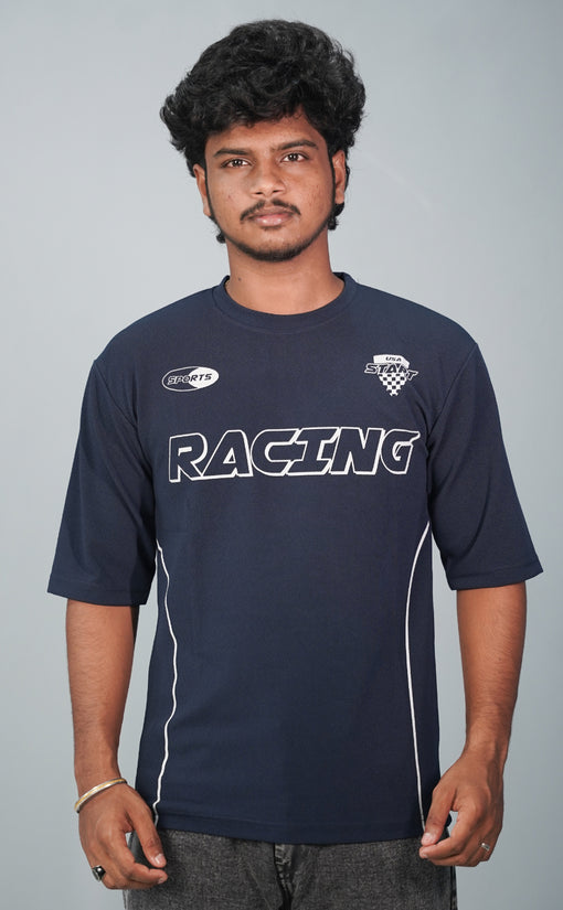 Five Sleeve Round Neck RACING Printed Tshirt for Men-Navy Blue