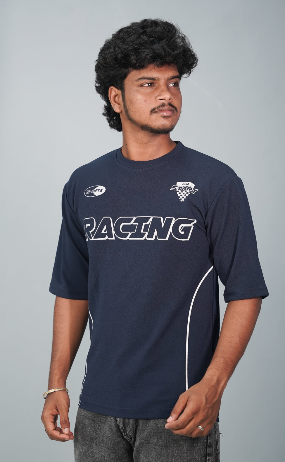 Five Sleeve Round Neck RACING Printed Tshirt for Men-Navy Blue