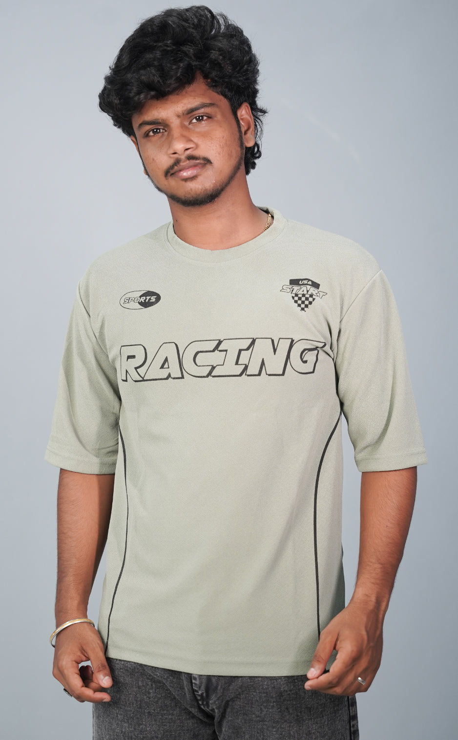 Five Sleeve Round Neck RACING Printed Tshirt for Men- Pista Green