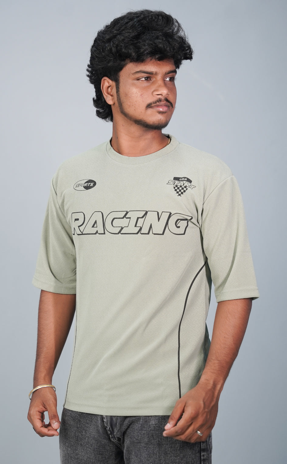 Five Sleeve Round Neck RACING Printed Tshirt for Men- Pista Green