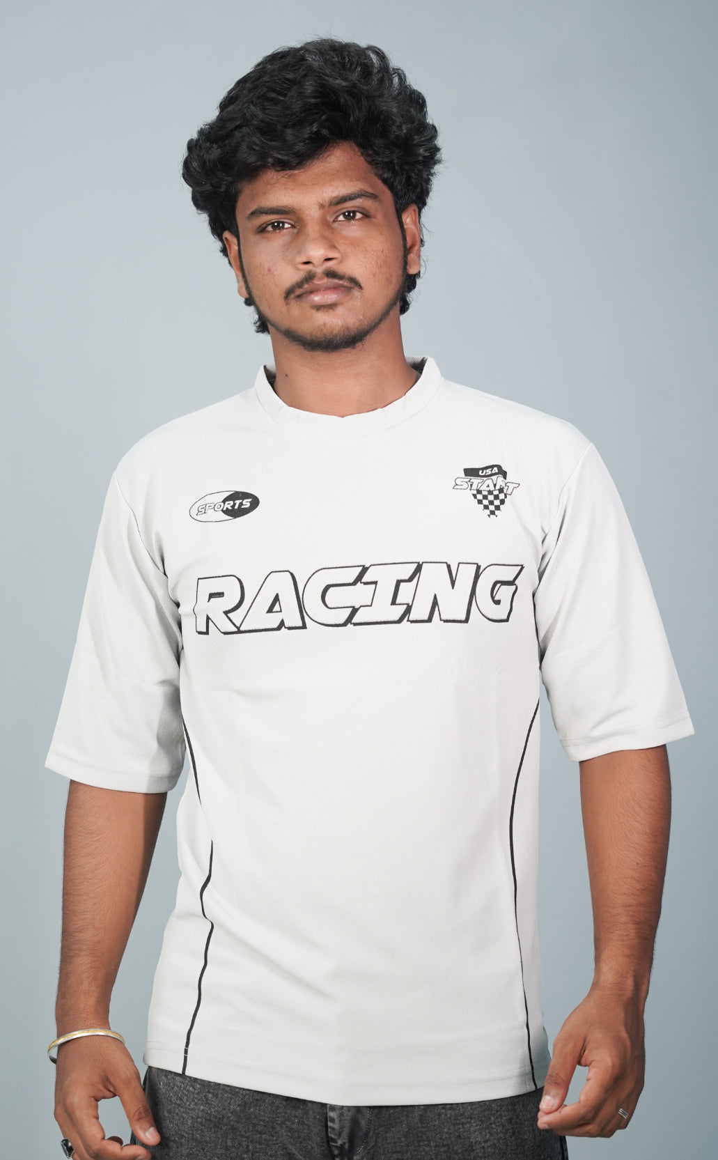 Five Sleeve Round Neck RACING Printed Tshirt for Men-  Ash