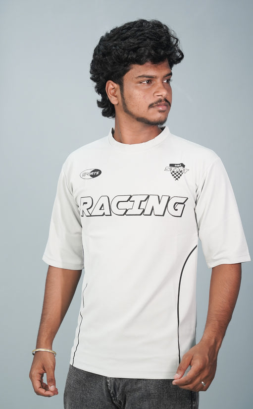 Five Sleeve Round Neck RACING Printed Tshirt for Men-  Ash